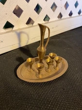 Indian/Turkish Miniature Brass 7-Piece Tea/Coffee Set Engraved Design