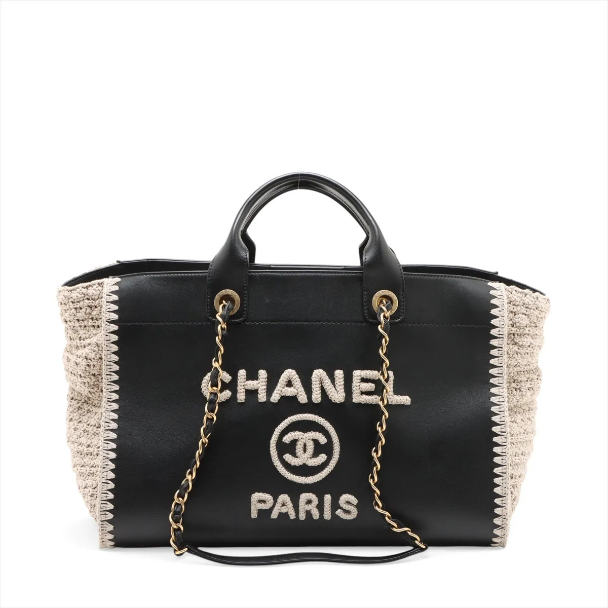 Chanel Deauville GM Leather x fabric 2 Way Tote Bag Black x Beige Gold Metal Fit