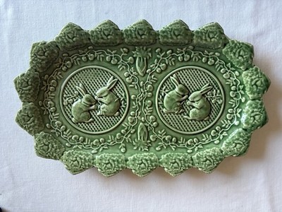 Vintage Bordallo Pinheiro Green Rabbit Lettuce Sandwich plate Made In Portugal