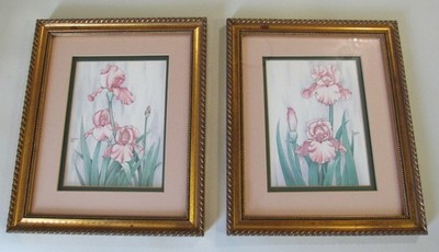 Vintage 1986 Carmel Foret Pair Set of 2 IRIS Print Professionally Framed Matted