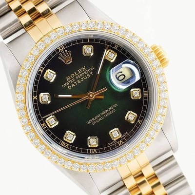 Rolex Mens Datejust 16233 18KY Gold & SS Green Dial Diamond Bezel Watch w/ Box
