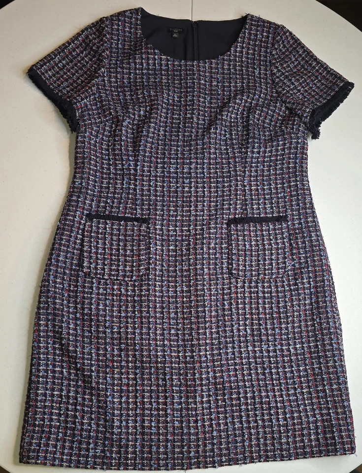 Vestido recto TALBOTS para mujer talla 16P tweed flecos rojo plata azul bolsillos -436 Foto 3 de 4