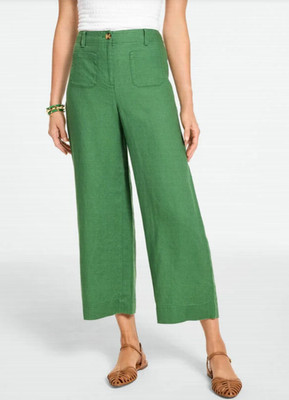 Talbots Women Washed Linen Wide Crop Patch Pocket Pants, GROVE GREEN
