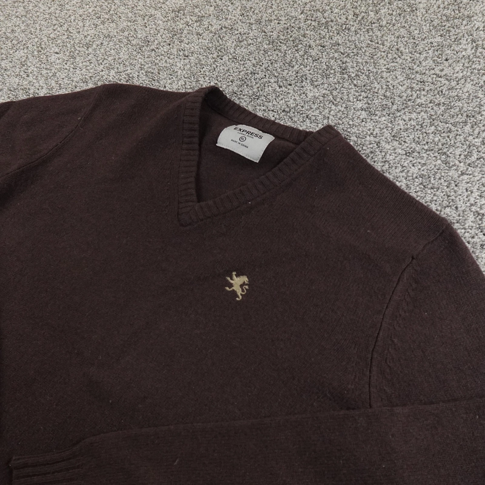 Express Sweater Mens XL Brown Lambswool V Neck Knit Pullover Cozy Warm Grandpa