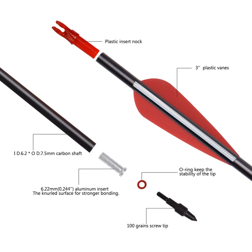 30" Carbon Hunting Practice Arrows Removable Tips for Compound Recurve Bow 6PCS - Image 4 of 4
