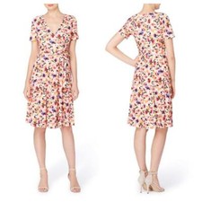 CATHERINE MALANDRINO Taral Faux Wrap Floral Dress size L Stretch Short Sleeve BU