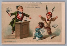 1800s Victorian Trade Card NW Appleton Stationer Boston, Kid w/ Whip  9886