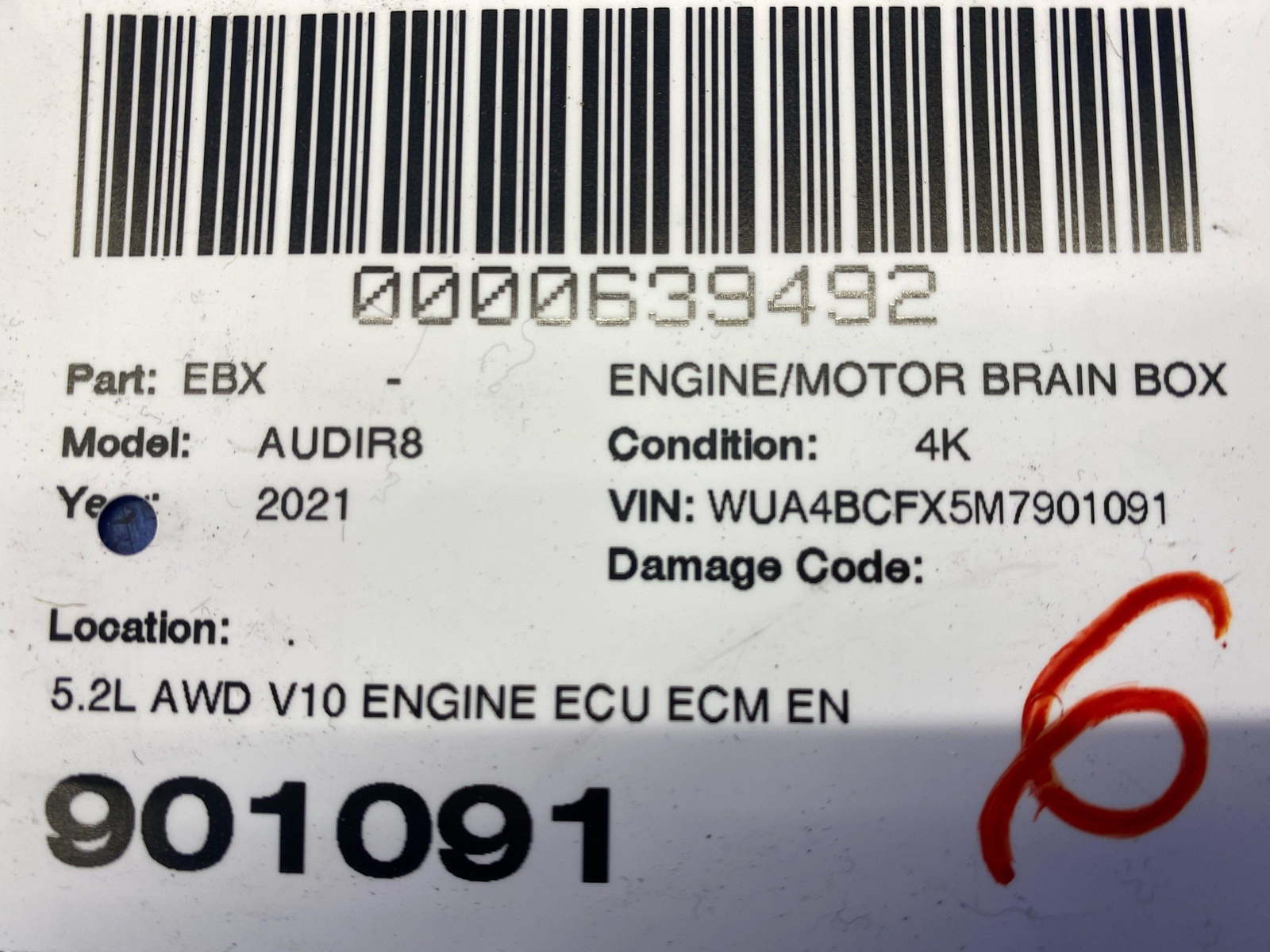 2017-2023 AUDI R8 5.2L AWD V10 ENGINE ECU ECM ENGINE CONTROL MODULE 4S0907552