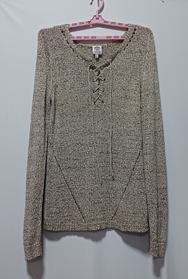 Bobeau Collection Womens Beige Lace-up Knit Sweater Tunic top Size XL Cutout Ctn