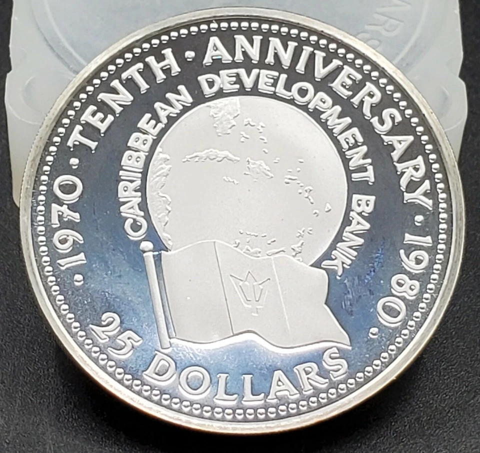 NICE TONED Barbados 25 dollars 10th Anniversary Caribbean Bank proof silver 1980 - Image 2 of 3