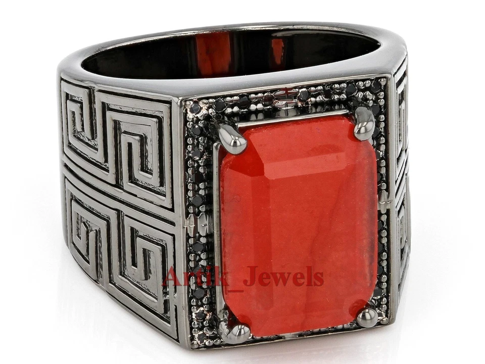 Piedra preciosa de ónix rojo natural con anillo de plata enchapado en rodio negro para hombre #917 Foto 2 de 4