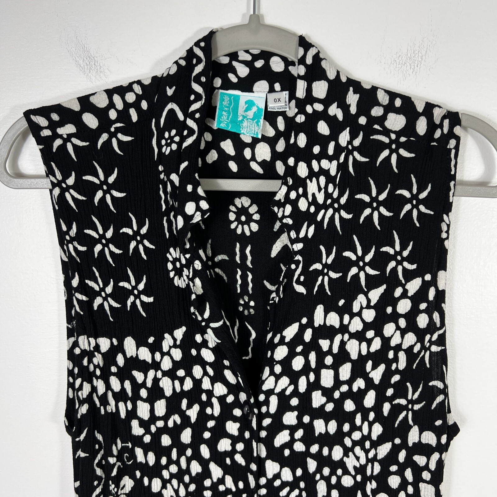 Buster N Bogi Dress 0X Black White Batik Button Front Sleeveless Flowy Floral