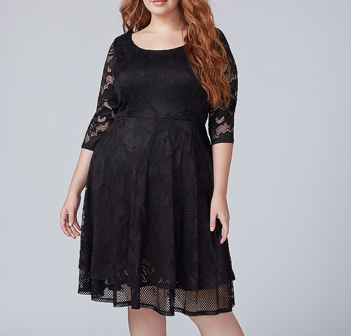 LANE BRYANT WOMEN'S BLACK FIT FLARE LACE LINED DRESS W/ MESH
