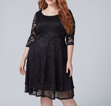 LANE BRYANT WOMEN'S BLACK FIT FLARE LACE LINED DRESS W/ MESH PLUS Sz 18