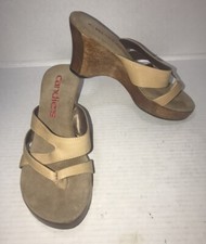NOS Vtg 90s Y2K Candies Chunky Wood Platform Beige Leather Wedge Sandals Sz 6M