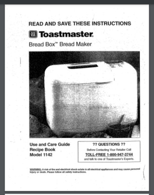 Toastmaster Bread Maker Machine Bread box 1142 Owner Recipe manual Only! 51 Pgs