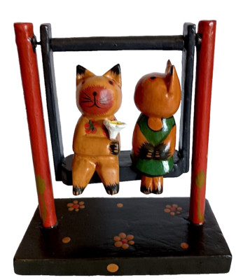 Cats, Wooden, Hand Carved and Painted, On the Swing, 6'' by 5.5'', Moves