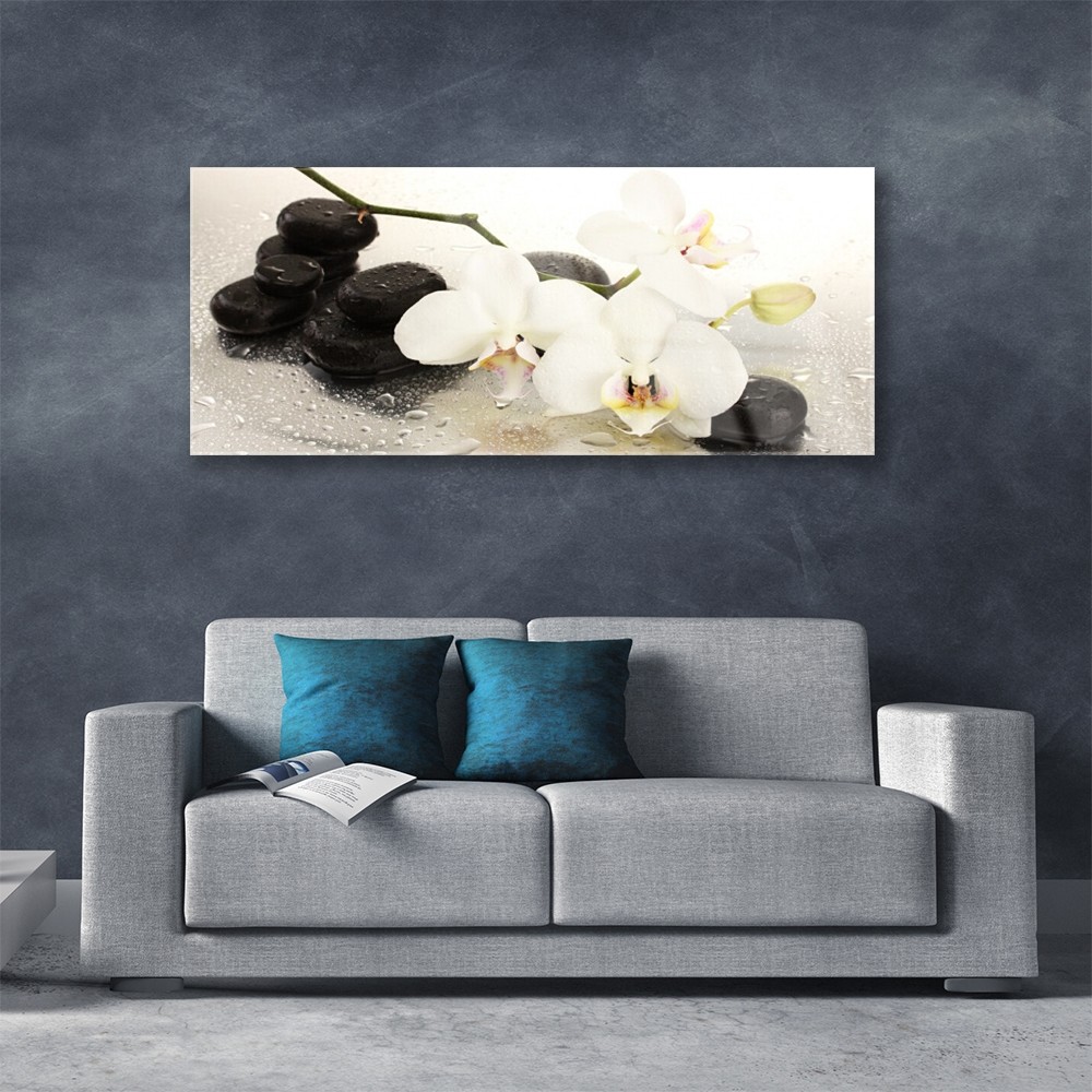 Tableau Mural Tulup – Impression Sous Verre – 125x50 Cm – Fleurs Et Pierres – Moderne