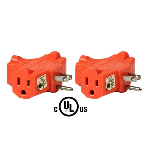 2x T-shape Triple (3) Outlet Heavy Duty Grounded Wall Plug Tap Adapter Orange  - Picture 1 of 1