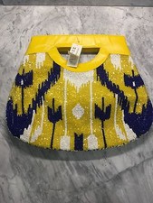 Nwt Moyna Navy & Yellow Double Sided Beaded Tote W/ Ikat Pattern Retail- $210