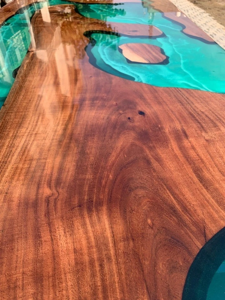 Blue Epoxy Top Center Dining Table Acacia Wood Countertop Walnut Resin Arts Top - Image 4 of 4