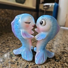 Vintage Anthropomorphic Blue Kissing Fish Salt & Pepper Shakers Set - Chips