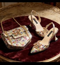 Gold Color Thin Heels Pointed Toe Crystal Design Ladies Shoes Matching Bag Set