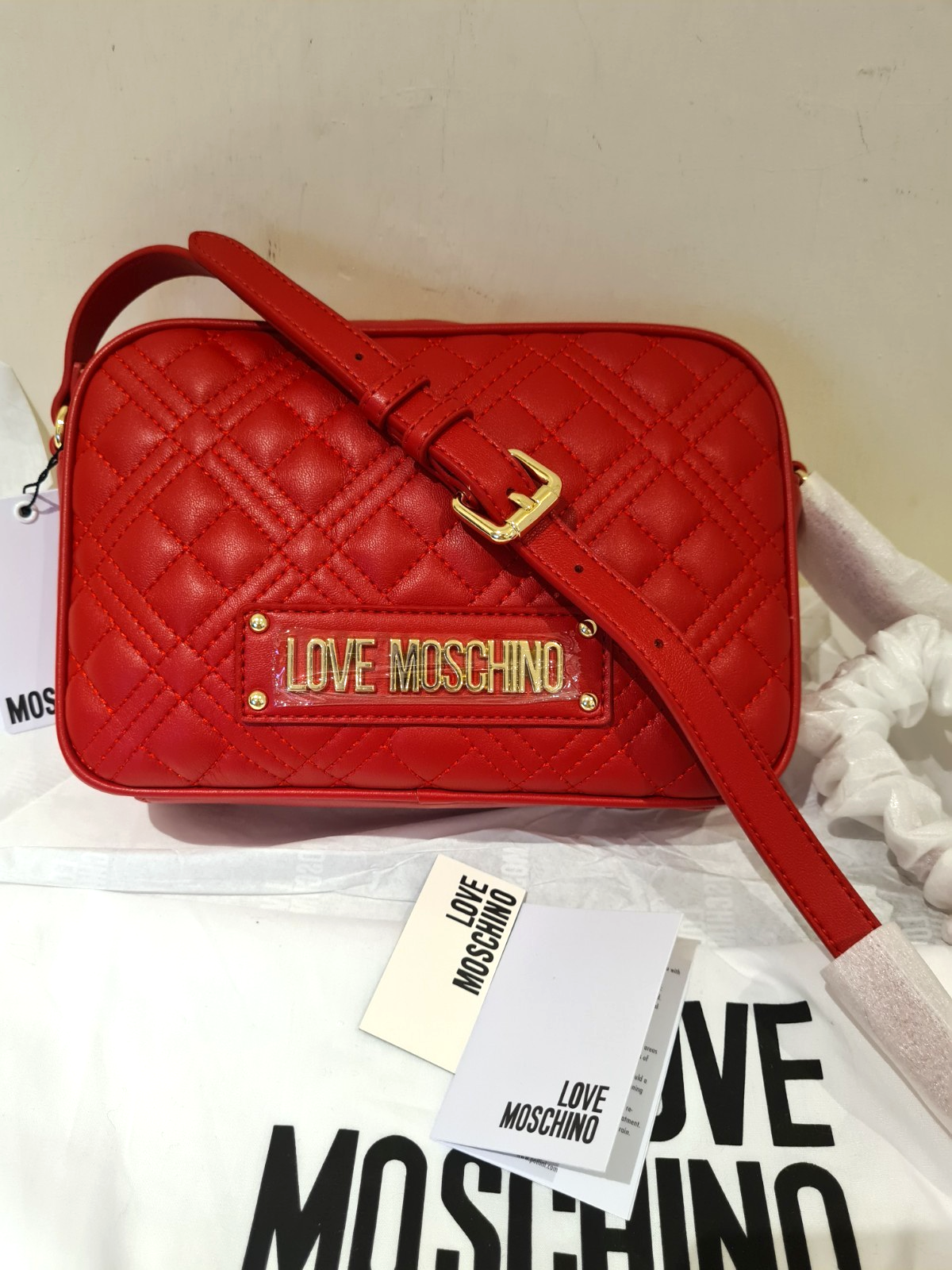 Love Moschino Red Quilted Shoulder Bag Adjustable Strap Zip  Closure New W/Tags