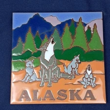 Earthtones ALASKA Wolf Howling Wolves Pups Trees Terracotta Color Tile Trivet 6"