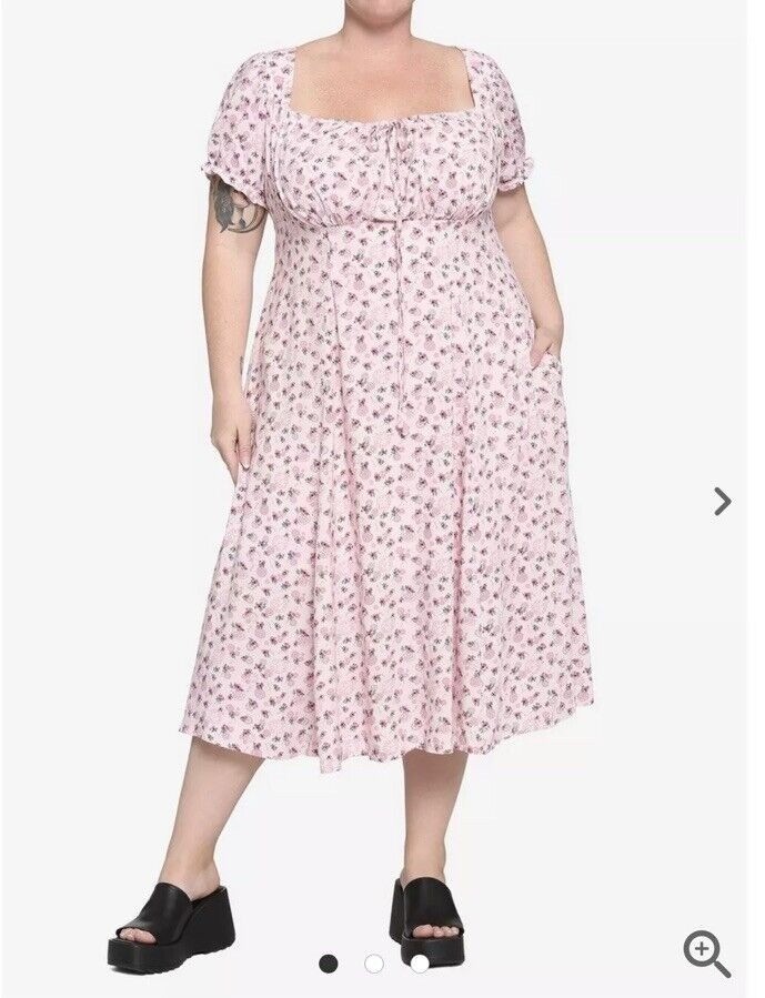 HOT TOPIC 5X Pink Floral Midi Dress Rayon Plus Size Pinup Coquette NEW