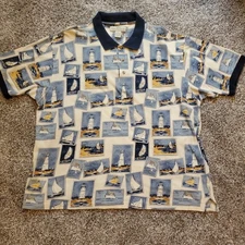 Natural Issue Men XL AOP Nautical Sailboat Lighthouse Postcard Polo Short Sleeve