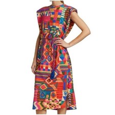 Farm Rio Mixed Patchwork Midi Dress Boho Resort Wear Summer | Size S