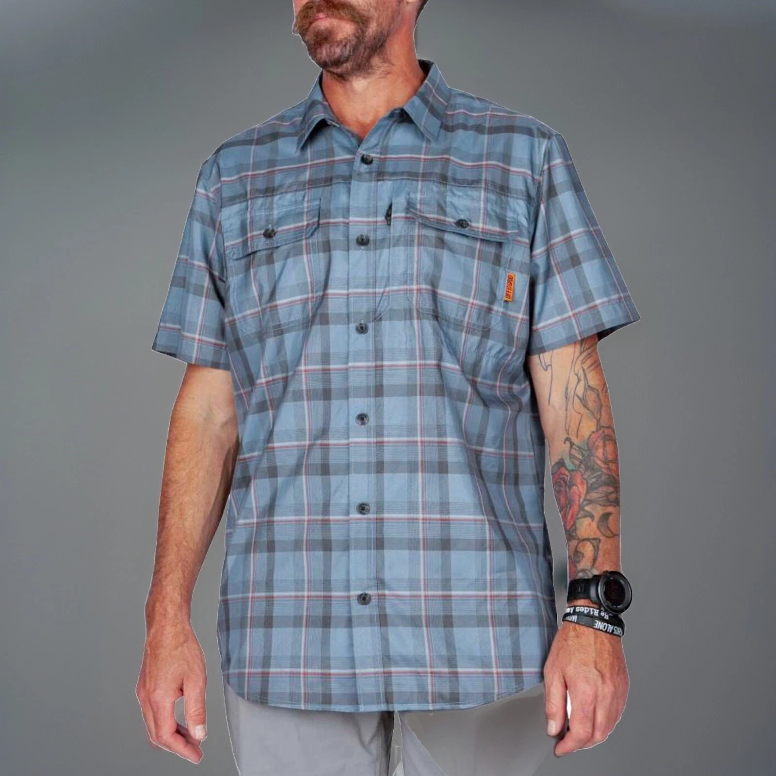 OFFGRID Shirt Mens XXL Blue Plaid S/S Button Up Vented Fishing Squirrely Dan