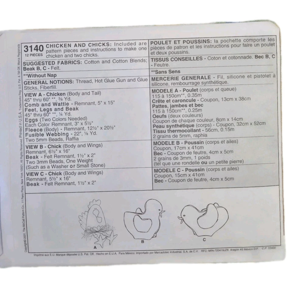 Mccall's craft pattern #3140 Chicken and chicks - Image 2 of 2