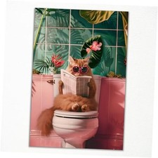 Funny Cat on Toilet Canvas Wall Art - 12.00" x 16.00" Unframed Bathroom Cat 02