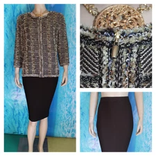 ST. JOHN Collection Knits Brown Jacket Skirt L 14 12 2pc Suit Gold Eyelash