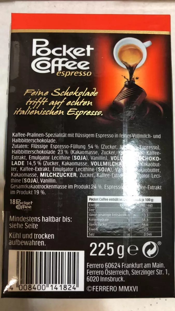 Ferrero Pocket Coffee espresso in milk & dark chocolate 18pc 225g 7.9oz  $88.8/kg