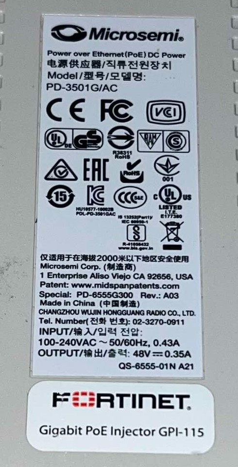MICROSEMI FORTINET PD 3501G AC Power Over Ethernet POE Gigabet Injector ...