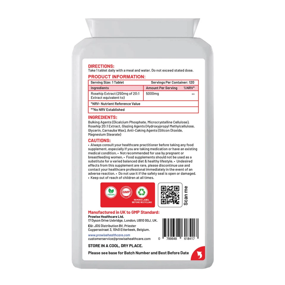 Rosehip Health+ 5000mg 120 Vegan Tablets UK Manufactured by Prowise - Imagem 2 de 4