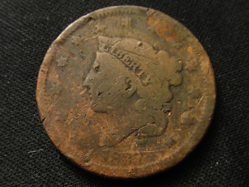 1837 #2 CORONET HEAD LARGE CENT --   FULL LIBERTY  DARK COIN