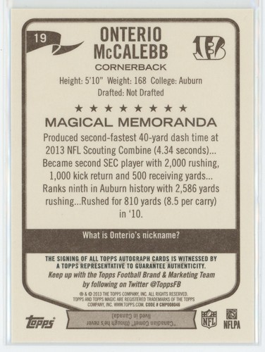 ONTERIO McCALEBB 2013 Topps Magic Autographs CB #19 - Picture 2 of 2