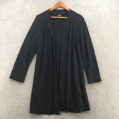 Eileen Fisher Open Front Long Coat Womens Medium Black Wool Blend Long Sleeve