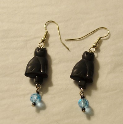 Sitting Pressed Glass Black Cat Earrings with Aqua and Black Accents
