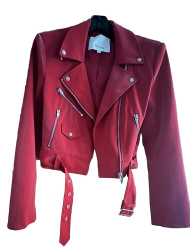 NEW Cinq A Cept Red Biker Jacket, Size Small, Zip Up, Waist Buckle, And Pockets - Picture 2 of 6