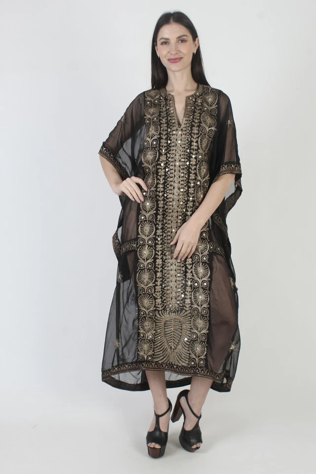 Vestido Vintage India Cocoon Negro Metálico Bordado Gitano Gótico Bruja Caftán Foto 4 de 4
