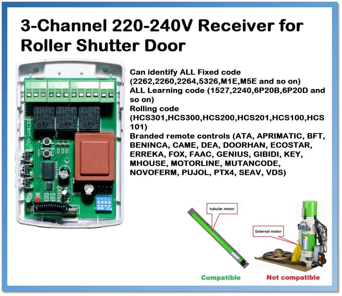 Garage Roller Shutter Door Receiver Box Fixed/Rolling Code 433.92.