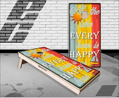 At The Lake Happy Hour Wood Cornhole Boards Bean Bag Toss Game