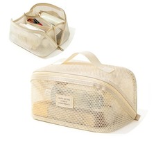 VizWqm Mesh Cosmetic Bag, Foldable Travel Makeup Toiletry Bag with Off-white  