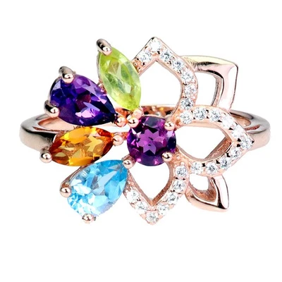 925 Sterlingsilber Ring Birne Amethyst 6x4mm Peridot Topas Edelstein Schmuck Sz - Bild 1 von 4