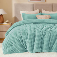 Fleece Queen Comforter Set, Fluffy Bed Set, Haze Blue